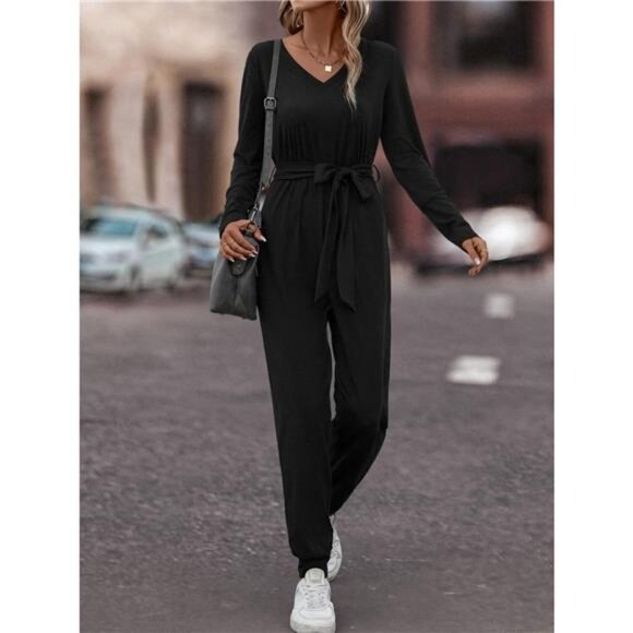 V-Neck Long Sleeve Tie Waist Jumpsuit - Picture 5 of 7